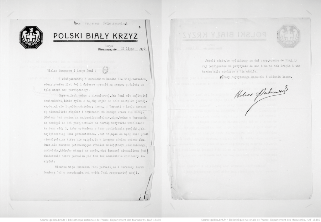 List Heleny Paderewskiej do Marii Skłodowskiej-Curie, Paryż, 17 lipca 1919. Gallica.bnf.fr / Bibliothèque nationale de France. Département des Manuscrits, NAF 18460, k. 6
Czarno-biała reprodukcja listu Heleny Paderewskiej do Marii Skłodowskiej-Curie, napisanego w Paryżu 17 lipca 1919 roku na papierze Polskiego Białego Krzyża. Maszynopis z odręcznym podpisem.